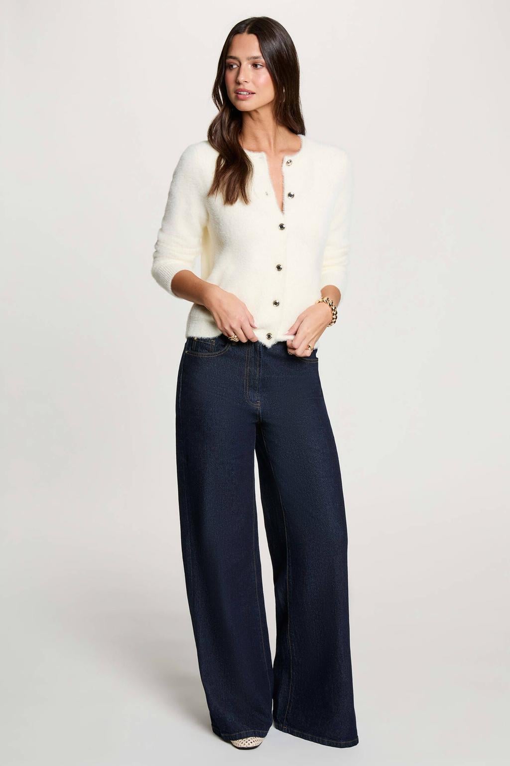 Ecru dames Morgan gebreid vest van acryl met effen, lange mouwen, ronde hals en knoopsluiting
