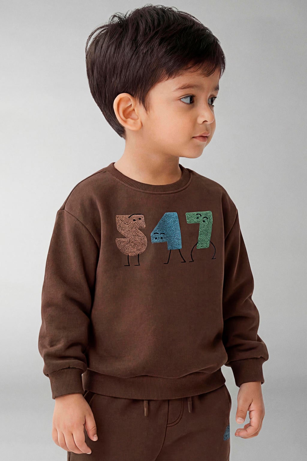 Bruine jongens NAME IT MINI sweater met printopdruk, lange mouwen, ronde hals en geribde boorden