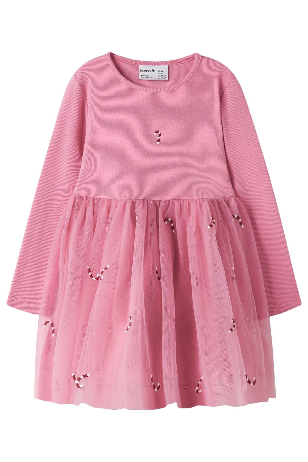 NAME IT MINI midi jurk met borduursels en print - roze