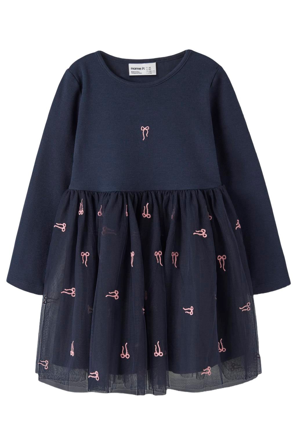 Donkerblauwe meisjes NAME IT MINI van sweat materiaal met lange mouwen, ronde hals en borduursels
