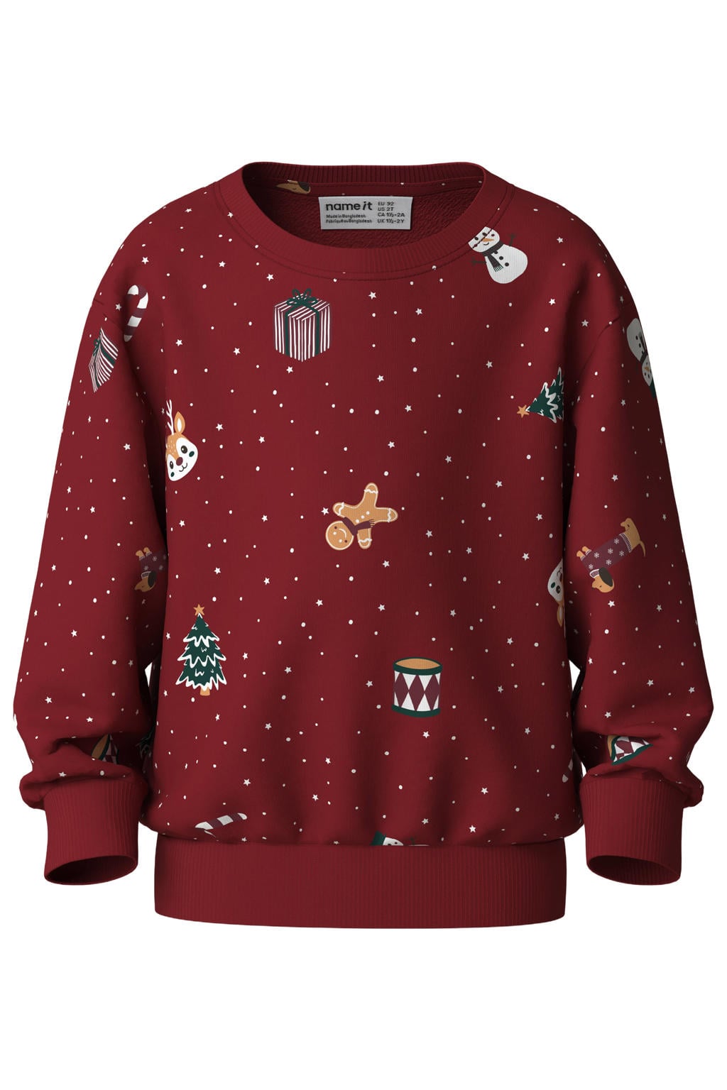 Donkerrode jongens en meisjes NAME IT MINI sweater met lange mouwen, ronde hals en geribde boorden