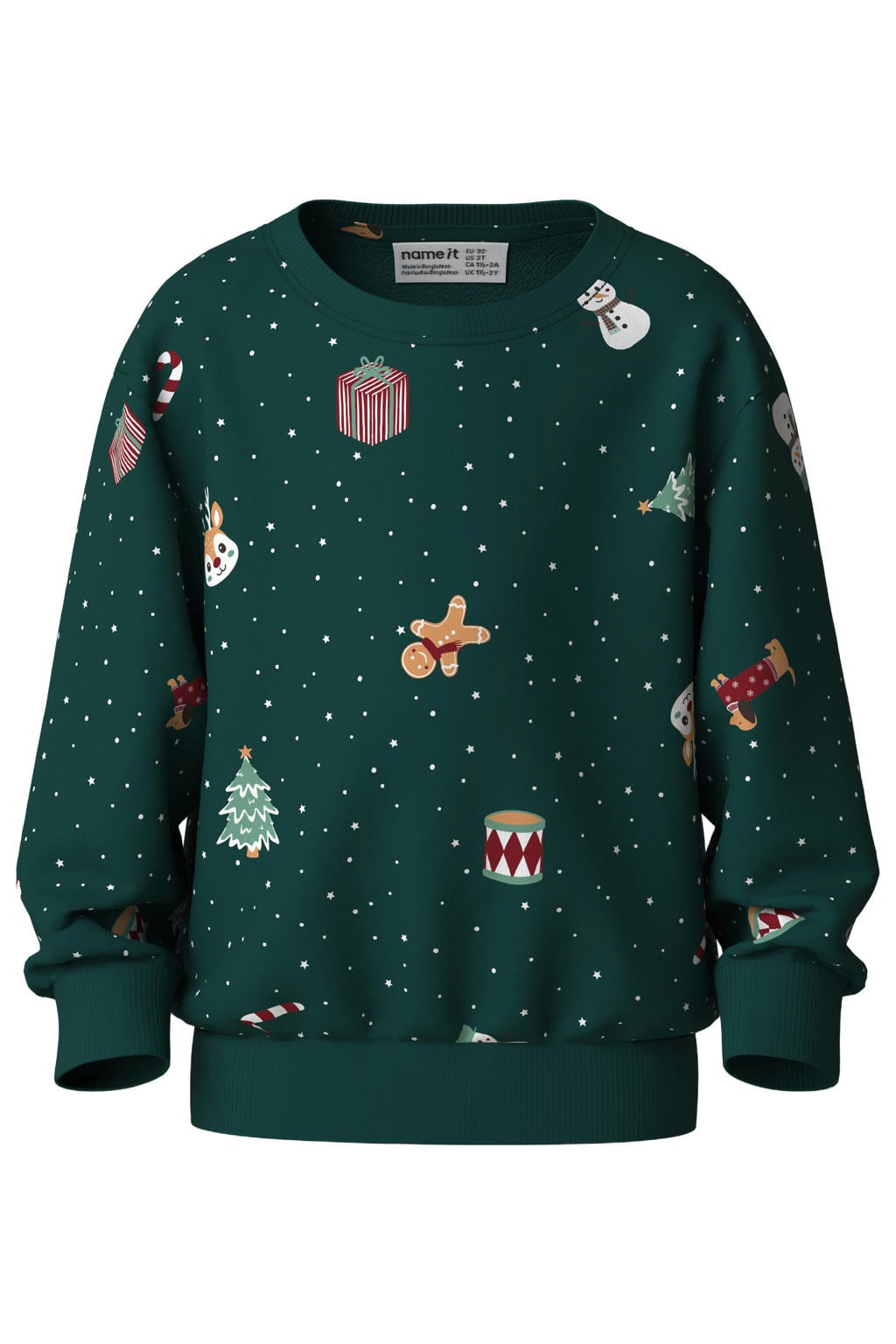 Donkergroene jongens en meisjes NAME IT MINI sweater met lange mouwen, ronde hals en geribde boorden