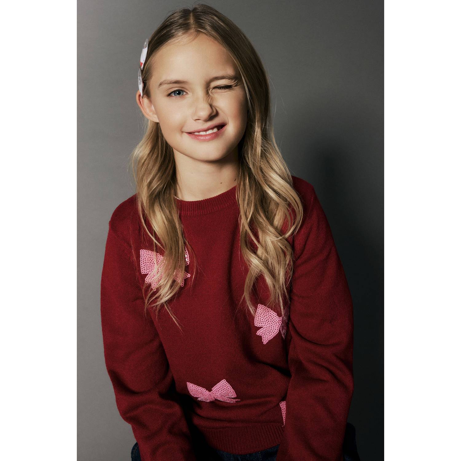 NAME IT KIDS rechtvallende gebreide trui met print en pailletten rood roze