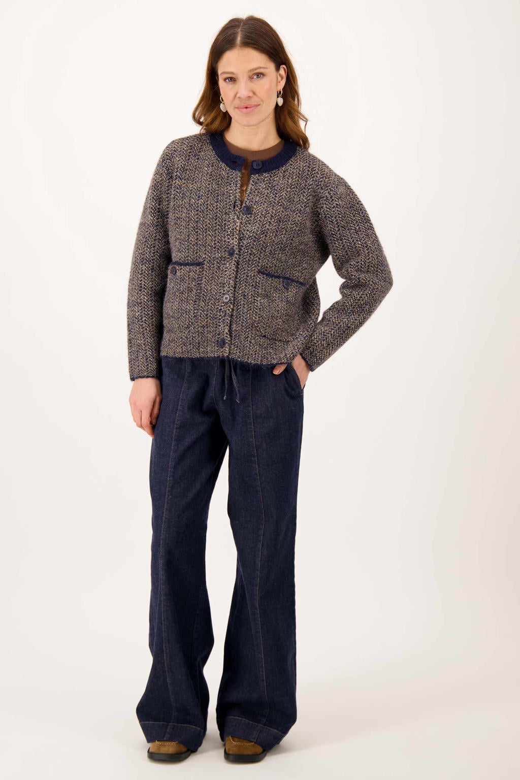 Multikleurige dames Zusss gebreid vest en wol meerkleurig met lange mouwen, ronde hals en knoopsluiting