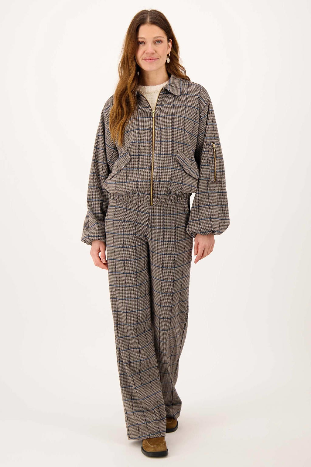 Bruin en blauwe dames Zusss geruite jas van polyester met lange mouwen