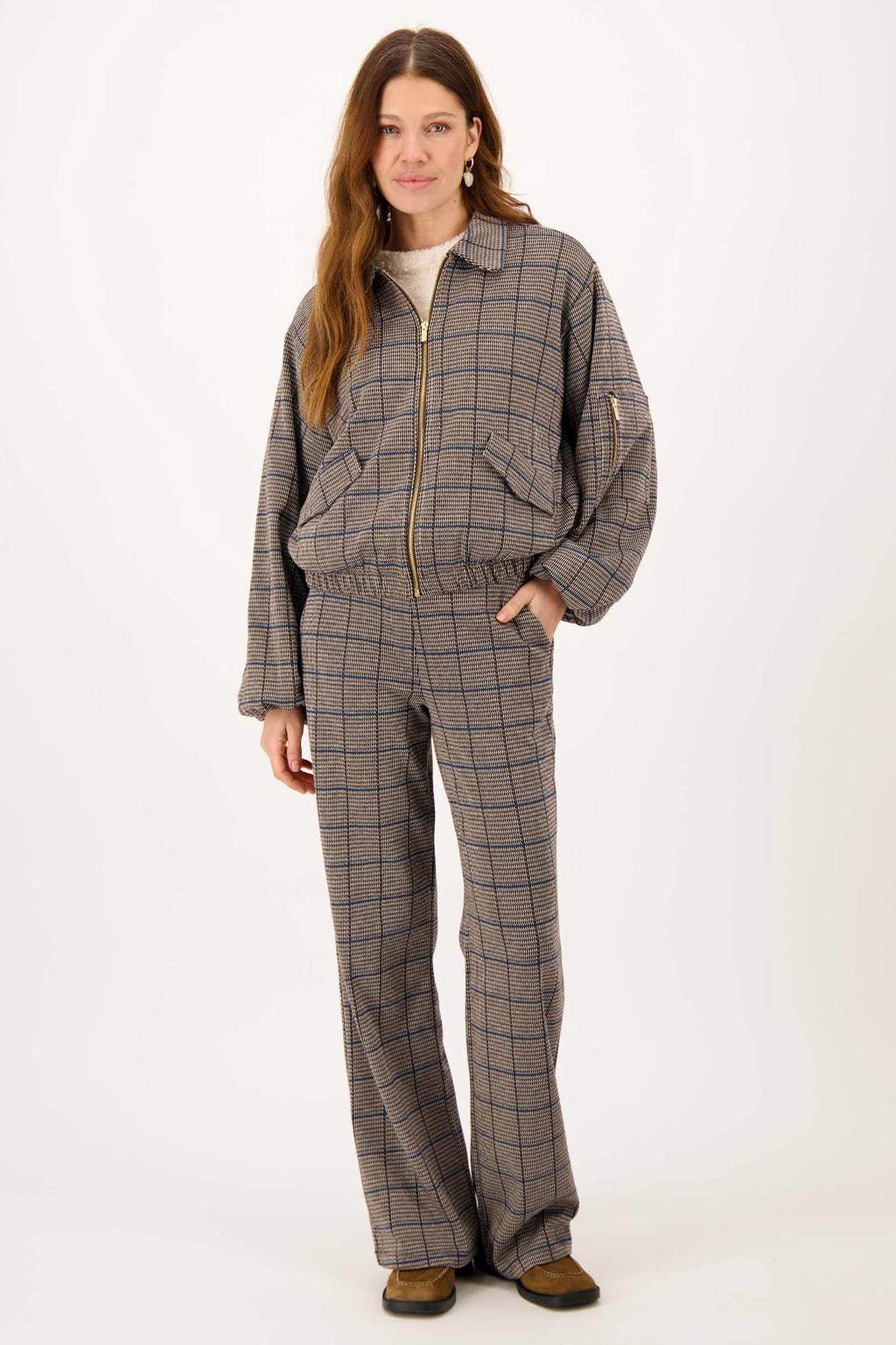 Multikleurige dames Zusss geruite flared broek meerkleurig van polyester met regular waist en elastische tailleband