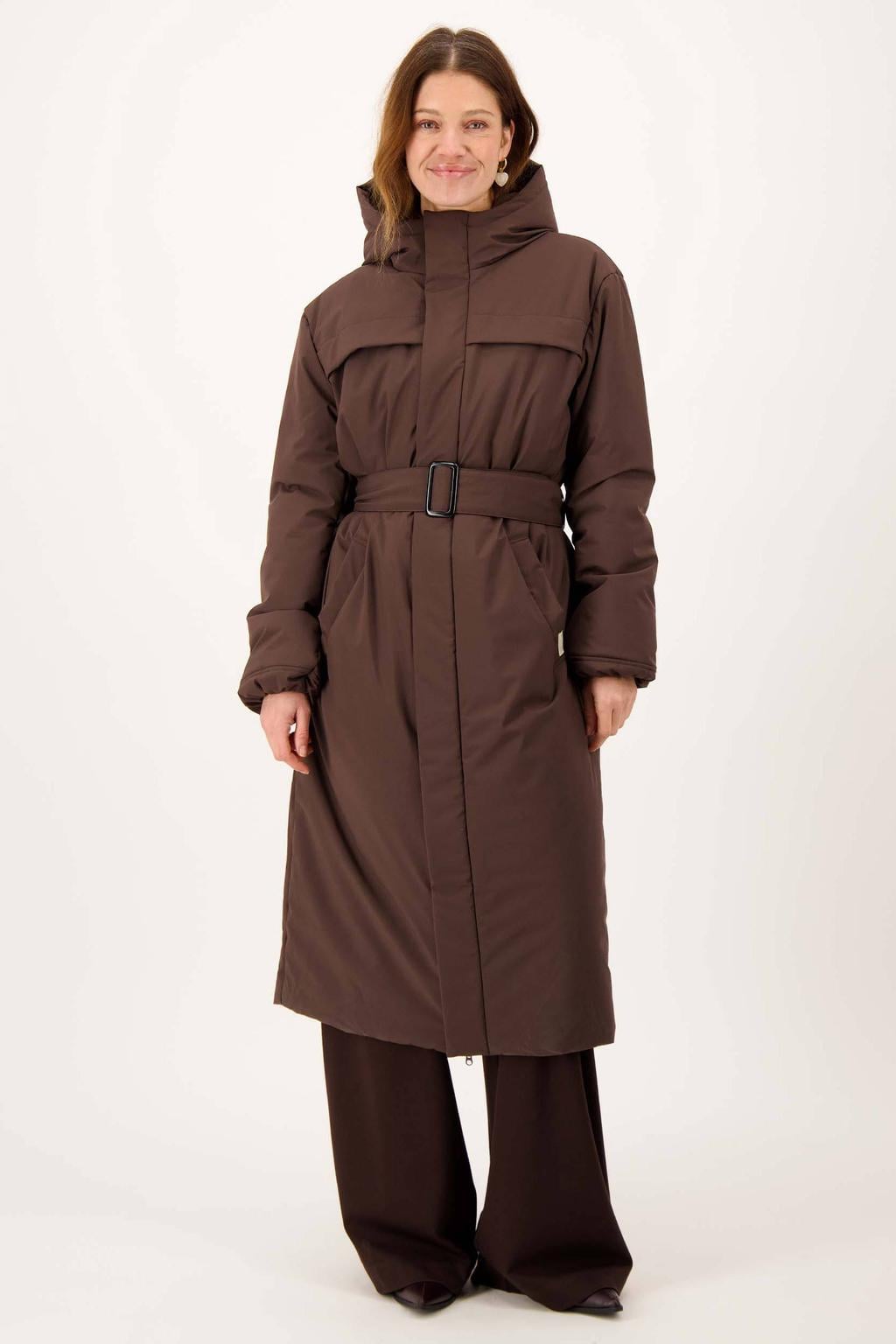 Bruine dames Zusss winterjas van polyester met effen, lange mouwen, capuchon en ceintuur