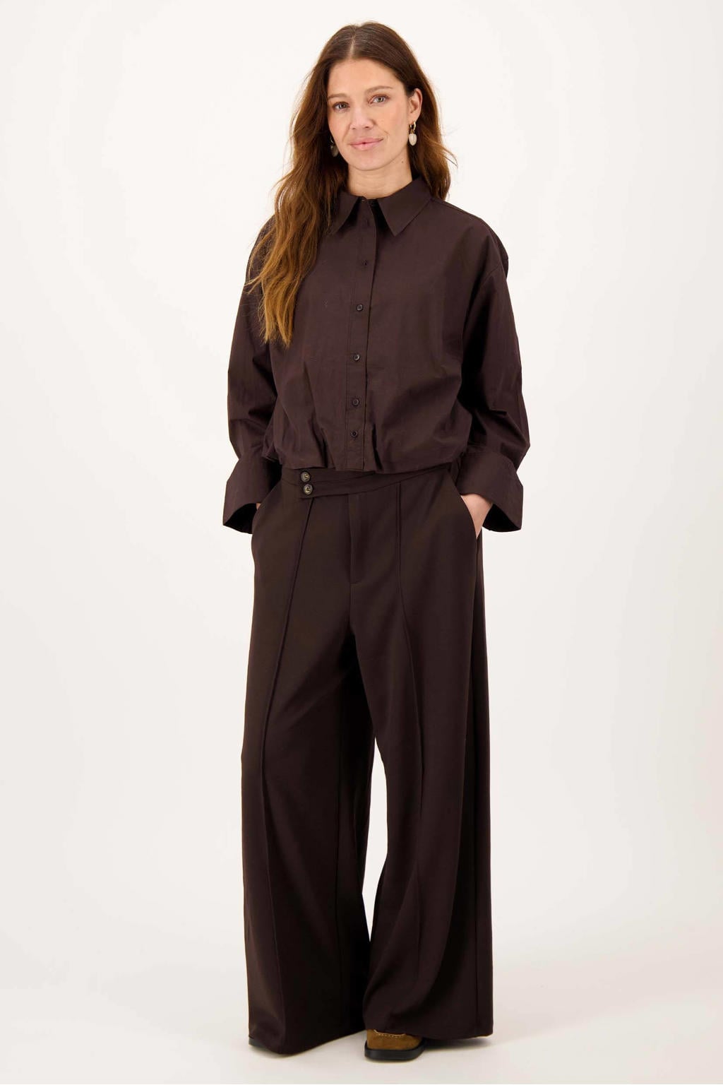 Bruine dames Zusss blouse van katoen met effen, lange mouwen, klassieke kraag en knoopsluiting