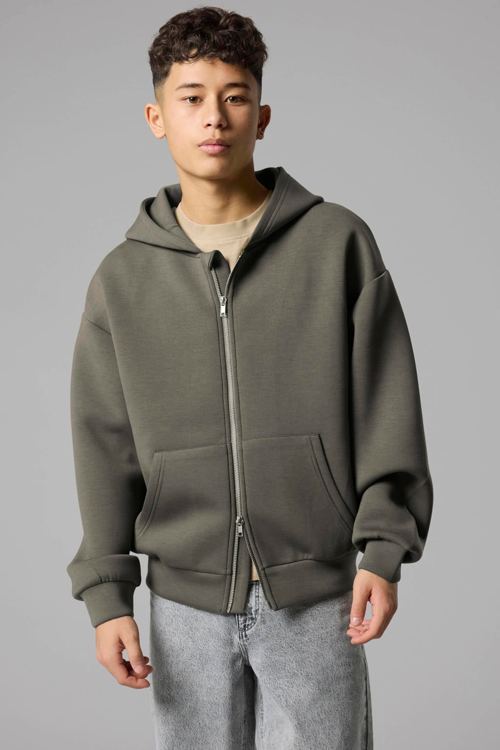 Groene jongens LMTD scuba vest van sweat materiaal met effen, lange mouwen, capuchon, ritssluiting en geribde boorden