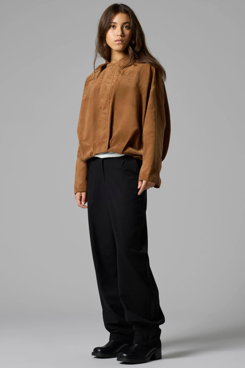 Zwarte meisjes LMTD casual broek van polyester met rits- en haaksluiting en effen