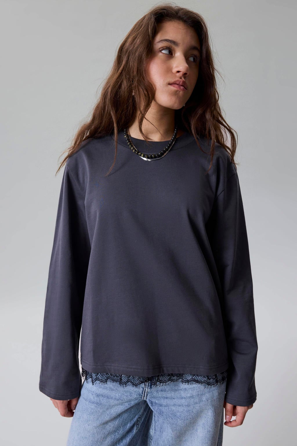 Grijze meisjes LMTD longsleeve van katoen met effen, lange mouwen, ronde hals en kant