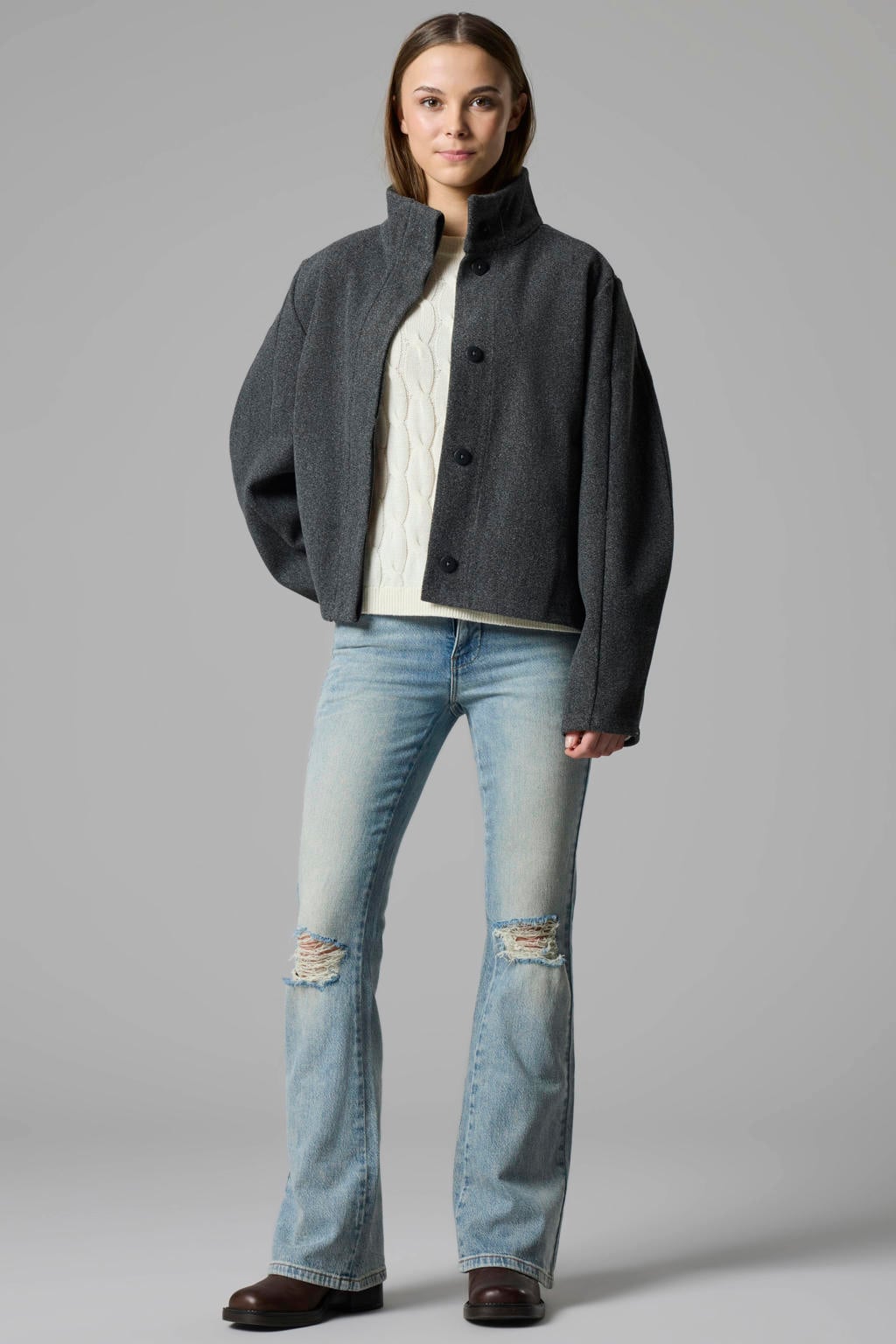 Grijs melange meisjes LMTD manteljas van polyester met effen, lange mouwen, opstaande kraag en knoopsluiting