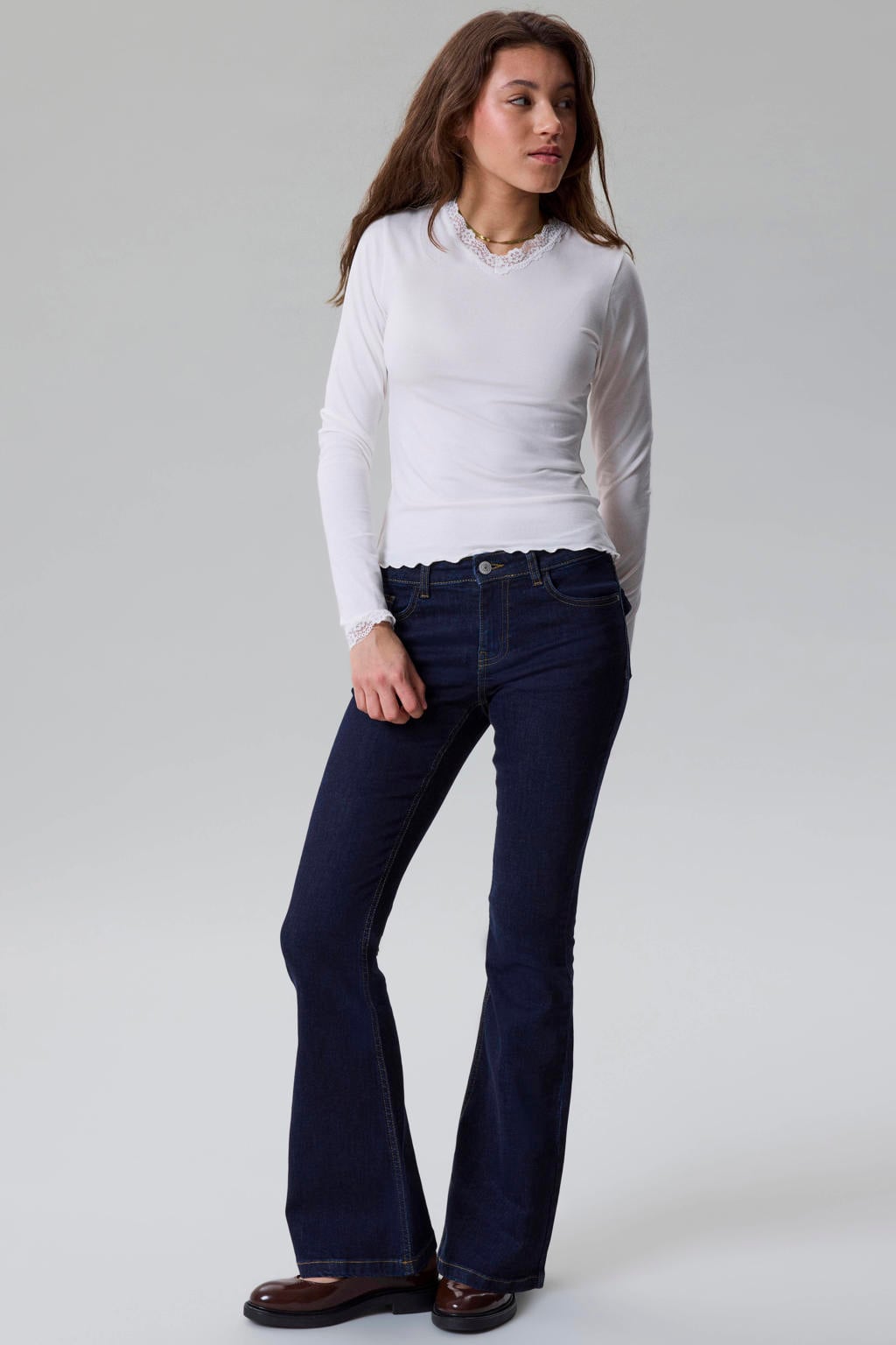 Dark blue denim meisjes LMTD flared jeans van denim met low waist, rits- en knoopsluiting en effen