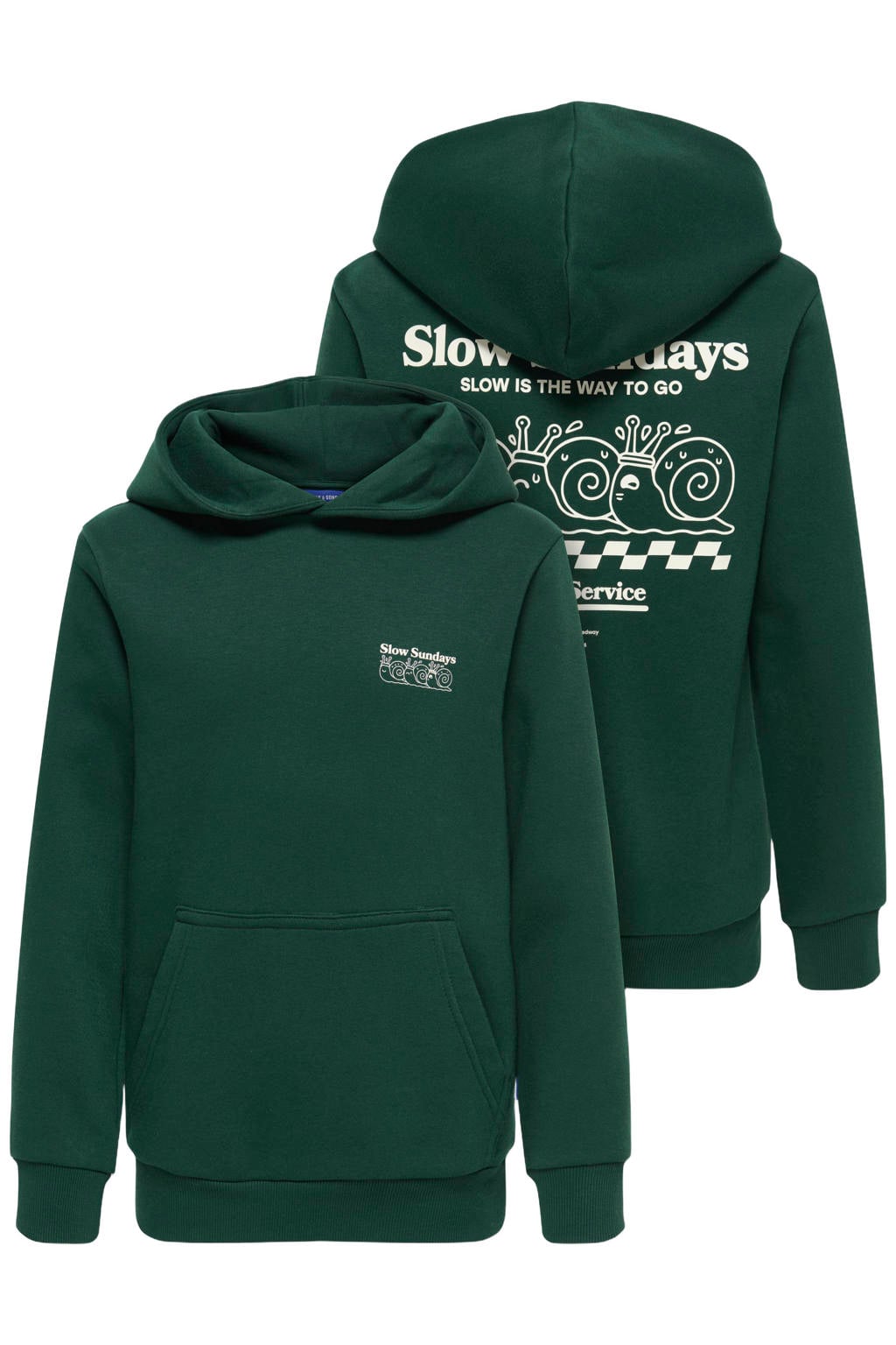 Donkergroene jongens ONLY & SONS JUNIOR hoodie van sweat materiaal met backprint, lange mouwen en capuchon