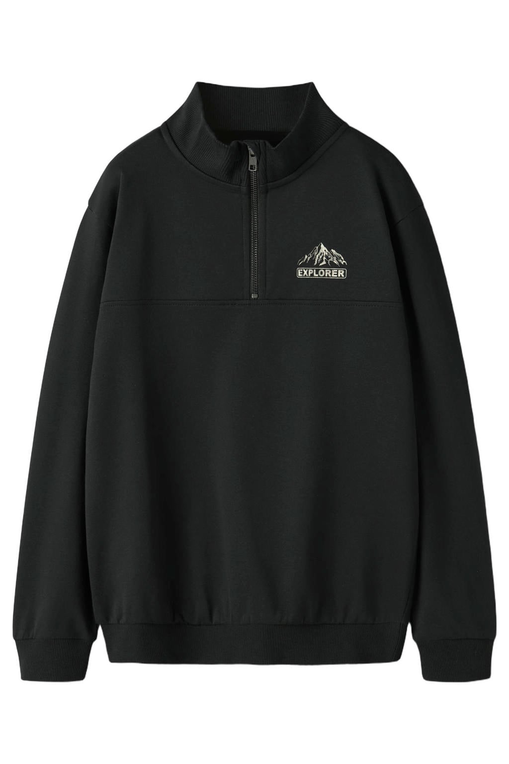 Zwarte jongens NAME IT KIDS sweater met printopdruk, lange mouwen, opstaande kraag, halve rits en geribde boorden