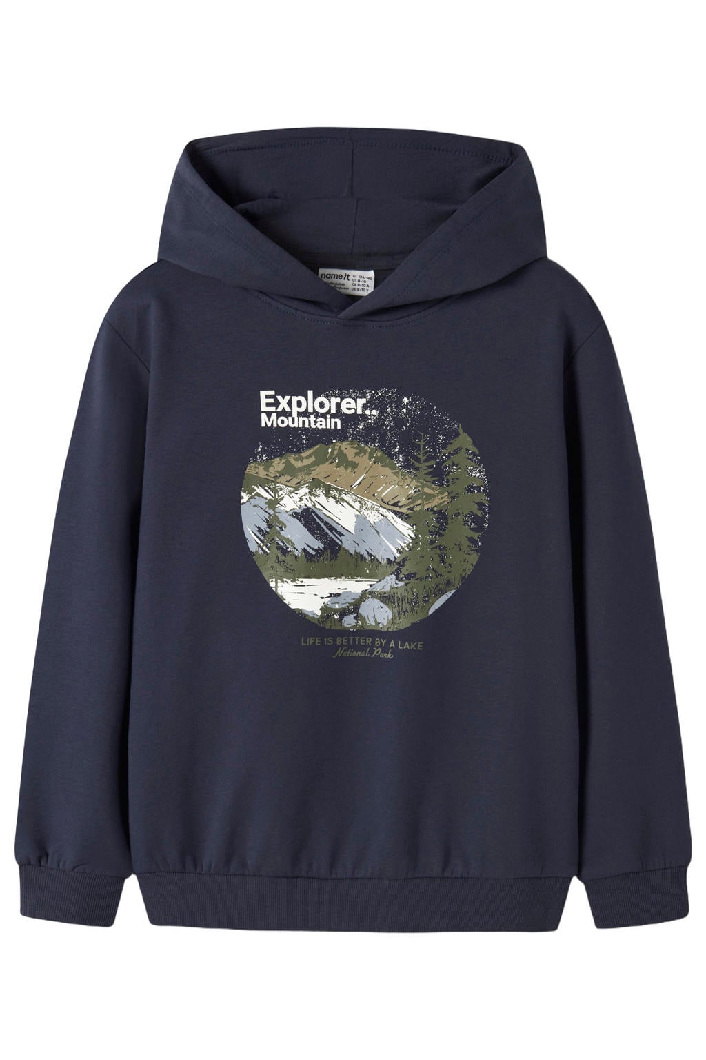 Donkerblauwe jongens NAME IT KIDS rechtvallende hoodie van sweat materiaal met printopdruk, lange mouwen en capuchon