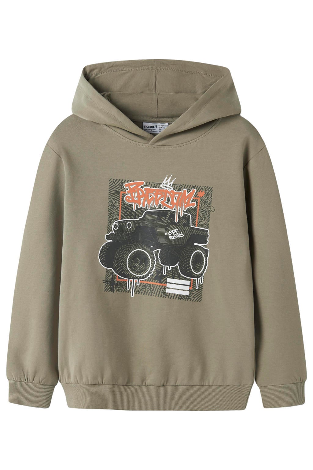Groene jongens NAME IT KIDS rechtvallende hoodie van sweat materiaal met printopdruk, lange mouwen en capuchon