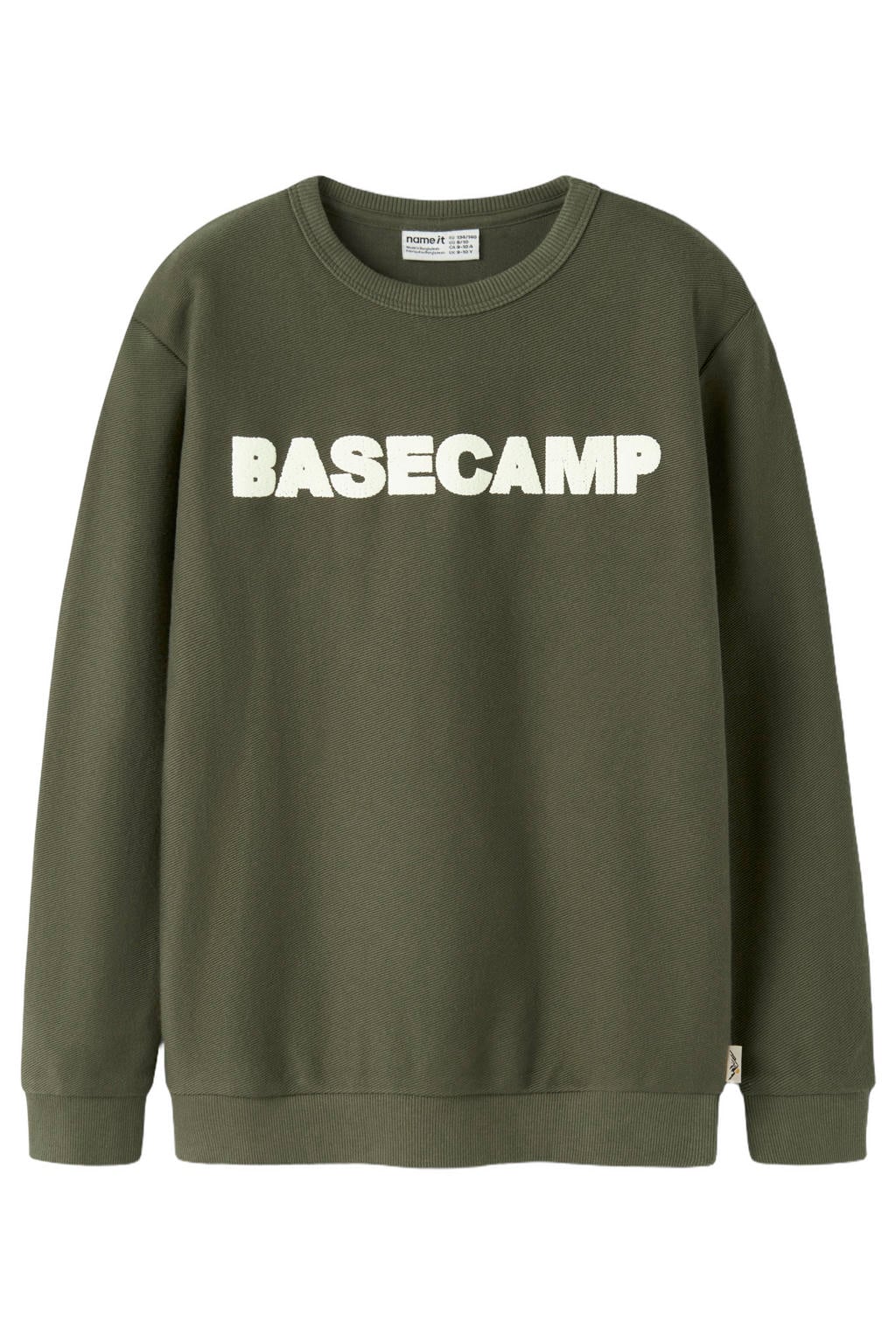 Olijfgroene jongens NAME IT KIDS sweater met tekst print, lange mouwen, ronde hals en geribde boorden