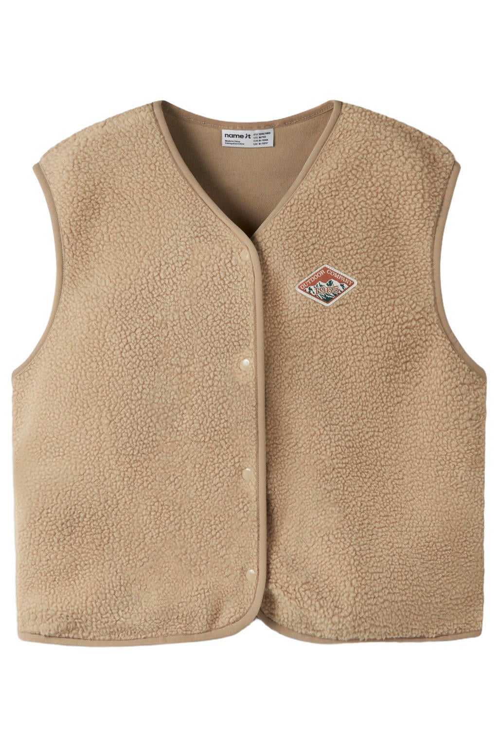 Lichtbruine jongens NAME IT KIDS teddy rechtvallend gilet met effen, ronde hals en drukknoopsluiting