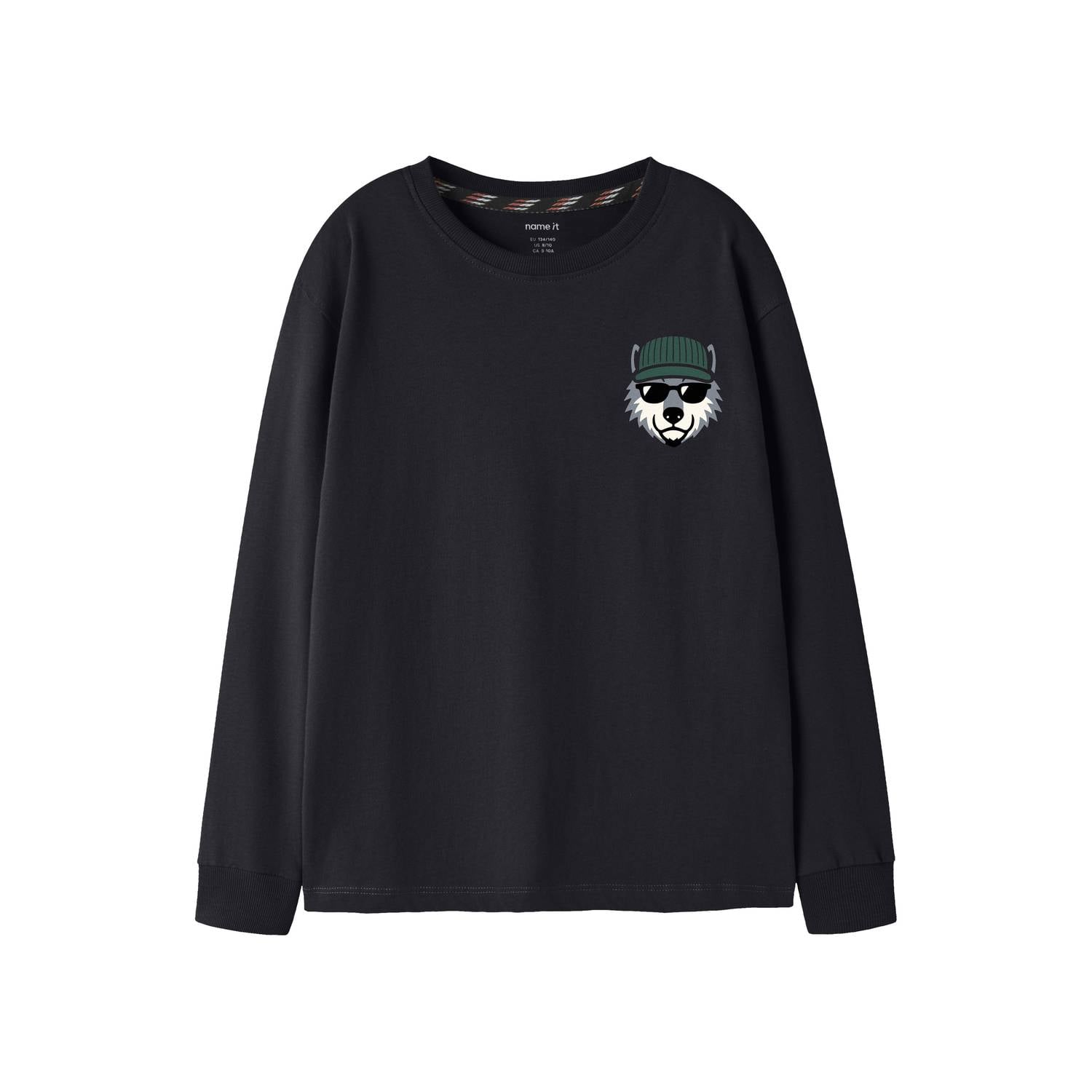 NAME IT KIDS junior rechtvallende longsleeve met patches en print zwart