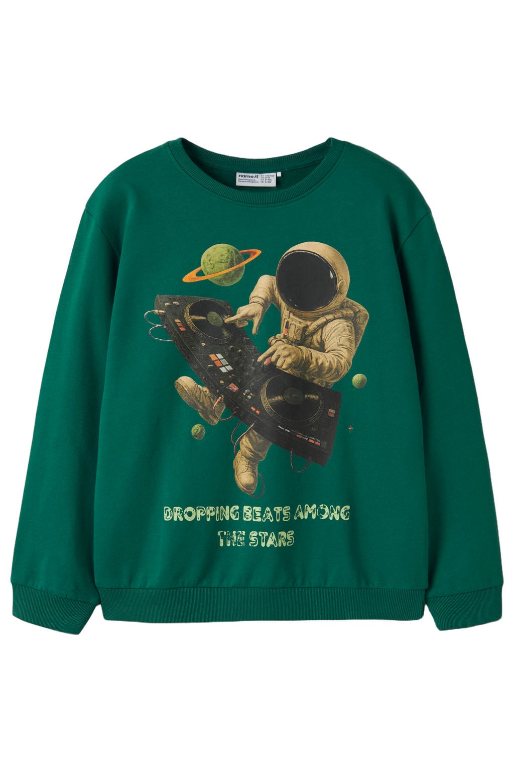 Donkergroene jongens NAME IT KIDS sweater met printopdruk, lange mouwen, ronde hals en geribde boorden