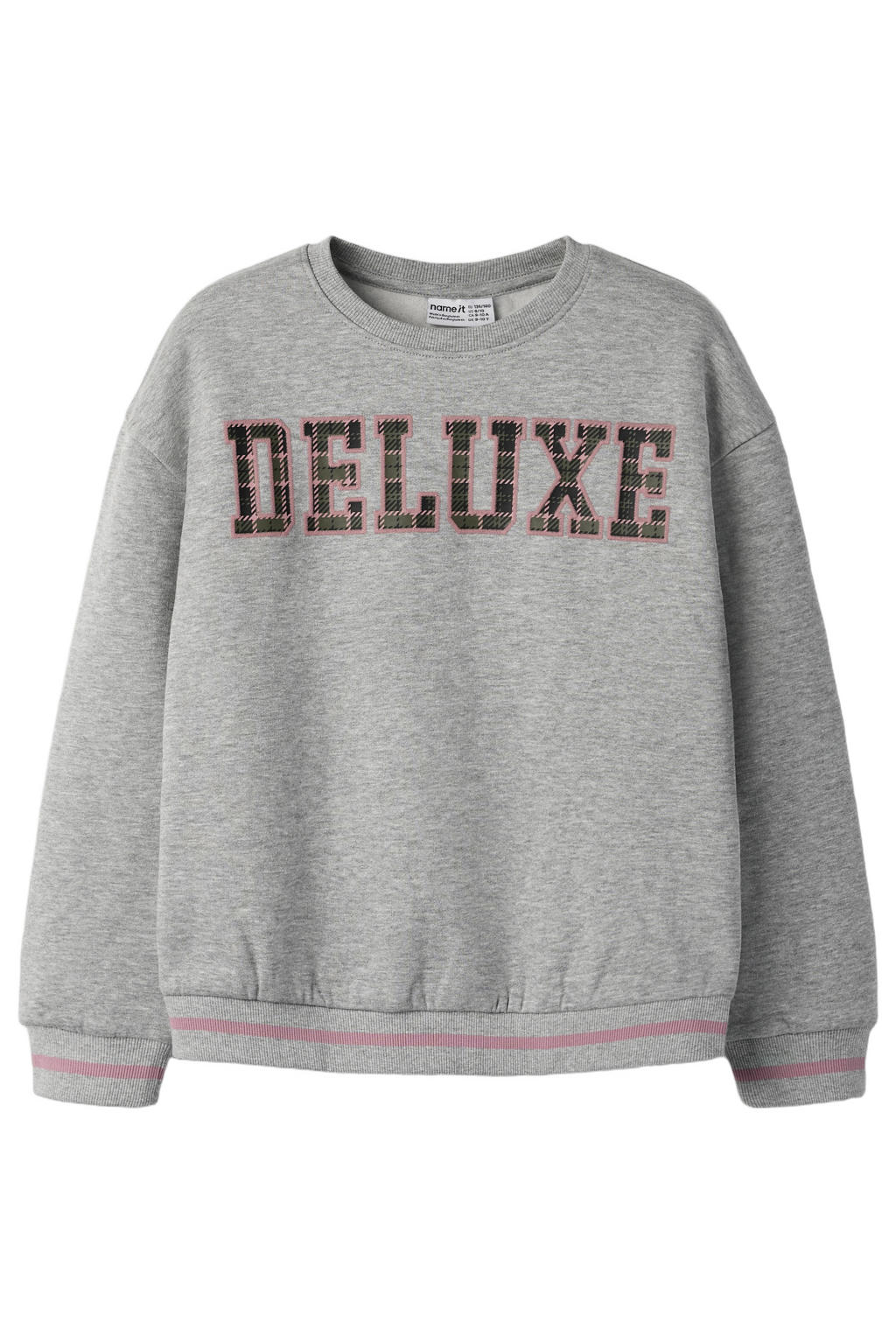 Grijs melange meisjes NAME IT KIDS sweater met tekst print, lange mouwen, ronde hals en geribde boorden