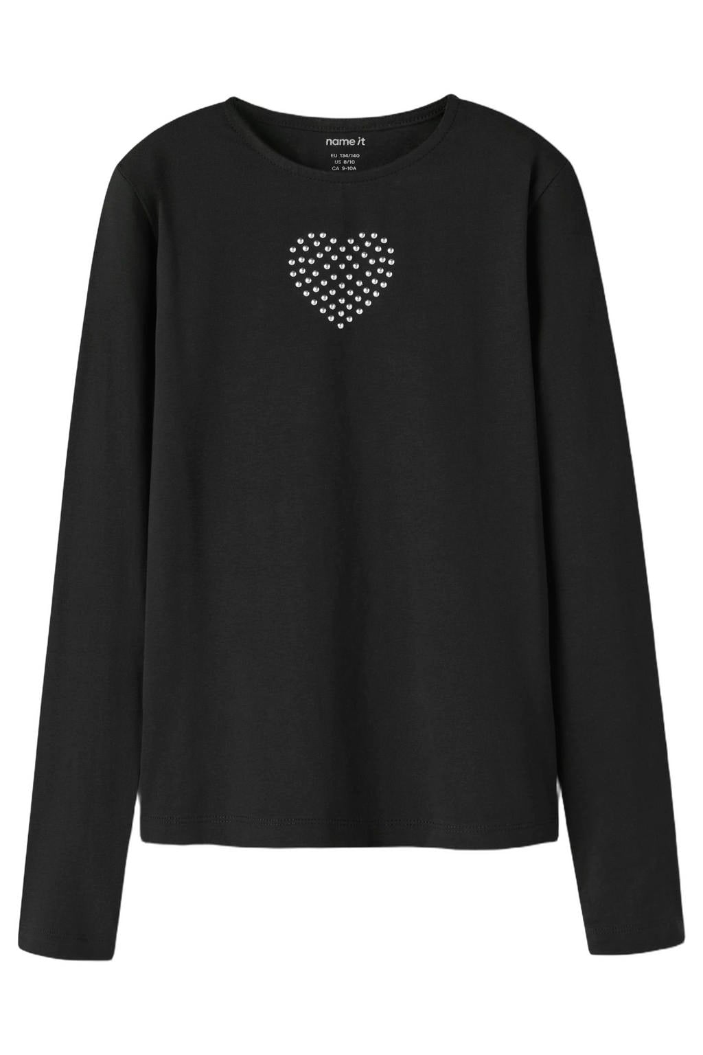 Zwarte meisjes NAME IT KIDS longsleeve van katoen met hartjesprint, lange mouwen, ronde hals en sierstenen