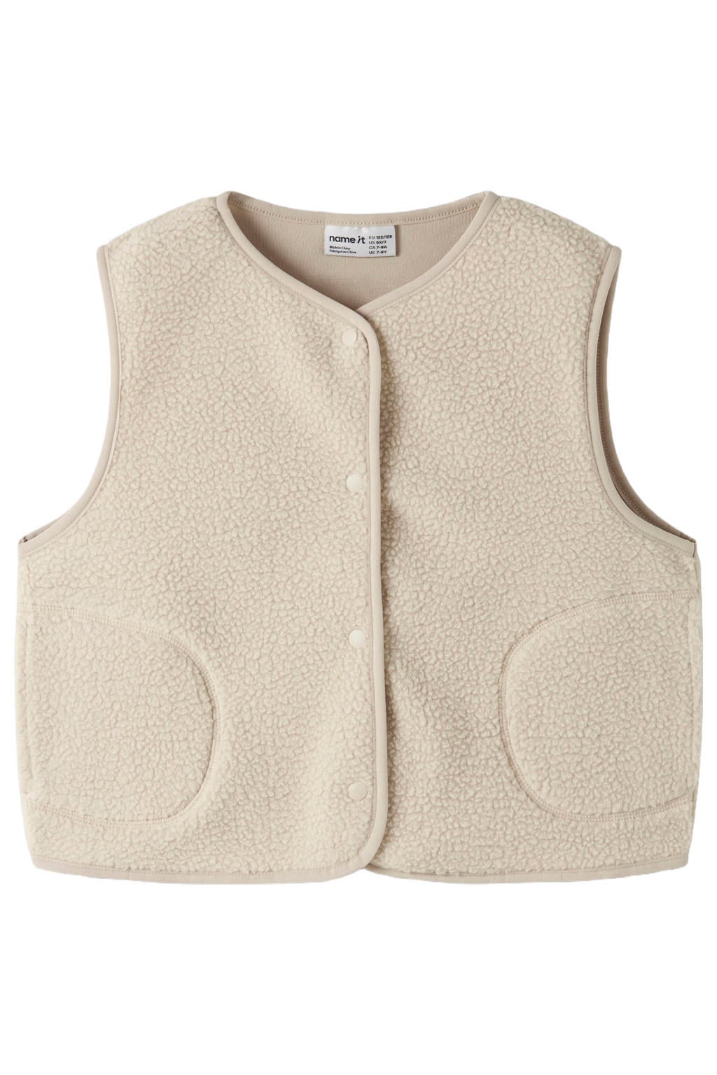 Beige meisjes NAME IT KIDS rechtvallend teddy gilet met effen, ronde hals en knoopsluiting