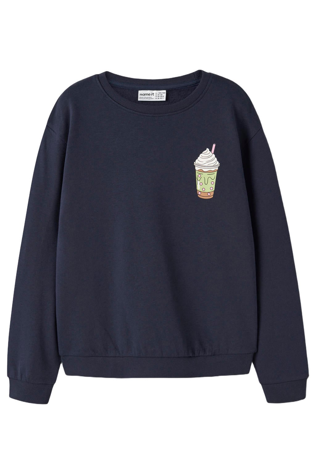 Donkerblauwe meisjes NAME IT KIDS sweater met backprint, lange mouwen, ronde hals en geribde boorden