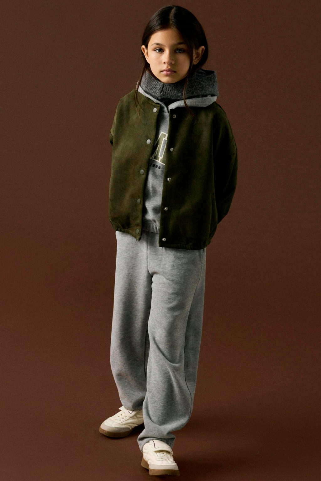 Groene meisjes NAME IT KIDS suède baseballjack van polyester met effen, lange mouwen, opstaande kraag en knoopsluiting