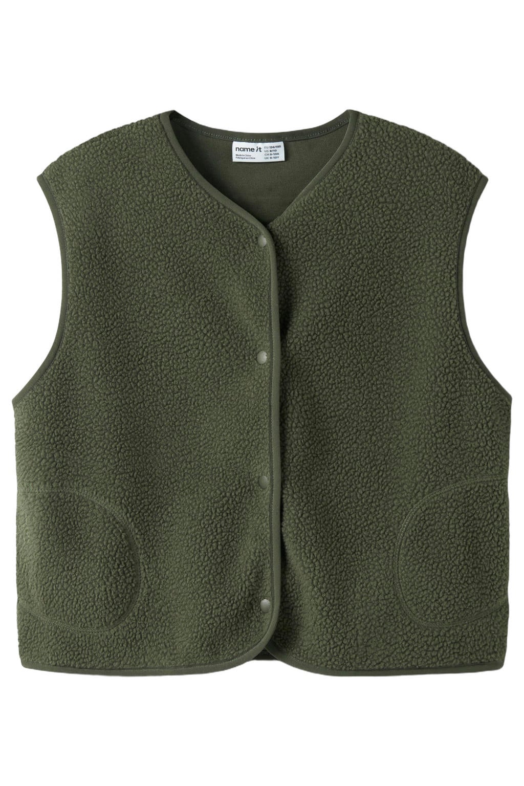 Olijfgroene meisjes NAME IT KIDS rechtvallend teddy gilet met effen, ronde hals en knoopsluiting