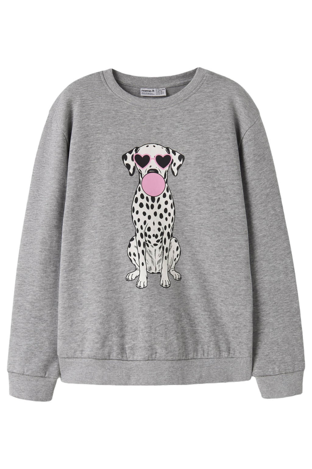 Grijs melange meisjes NAME IT KIDS sweater met printopdruk, lange mouwen, ronde hals en geribde boorden