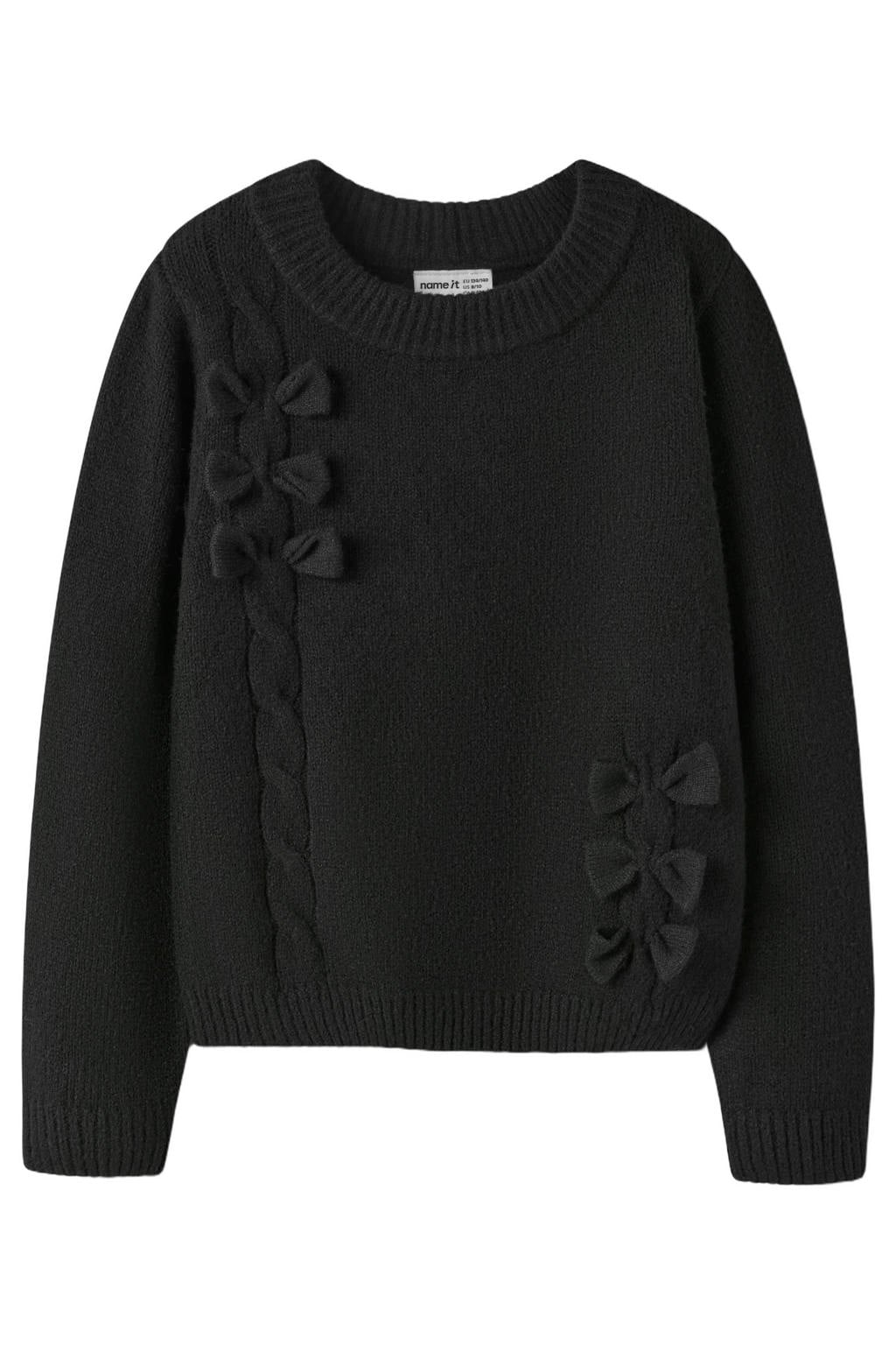 Zwarte meisjes NAME IT KIDS gebreide trui van polyester met effen, lange mouwen en ronde hals
