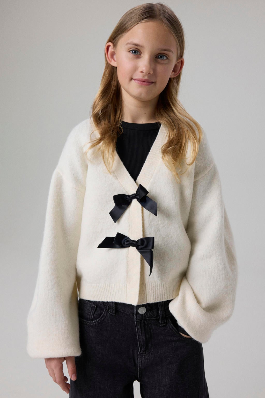 Ecru meisjes NAME IT KIDS rechtvallend gebreid vest met effen, lange mouwen en V-hals
