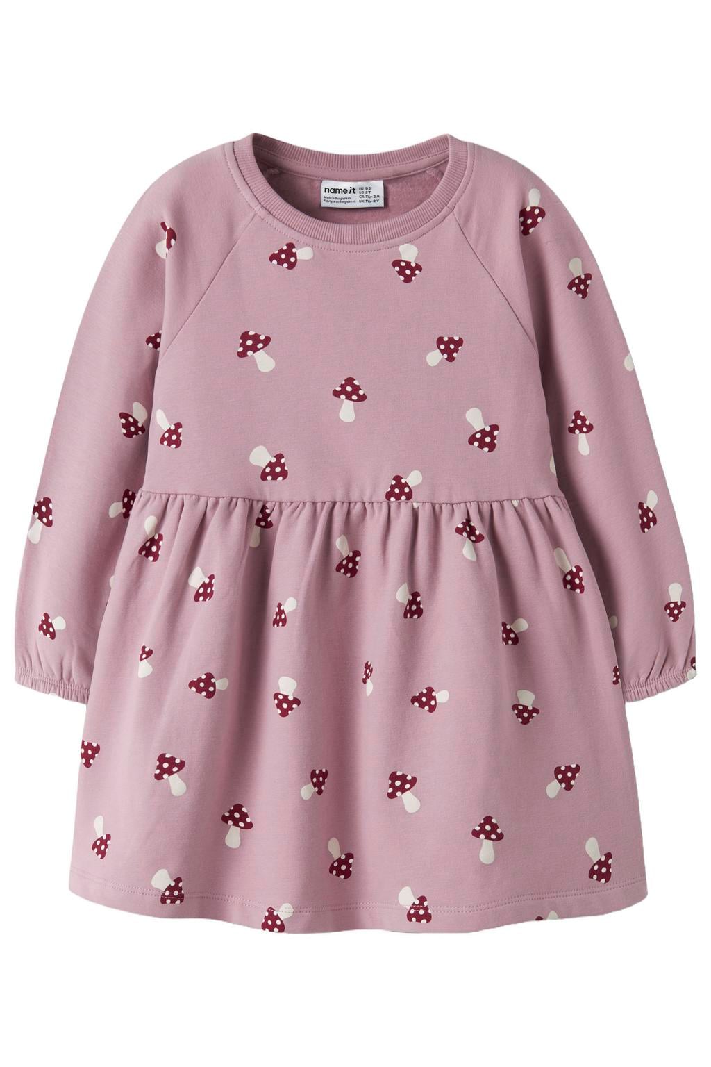 Roze meisjes NAME IT MINI midi sweatjurk van stretchkatoen met lange mouwen en ronde hals