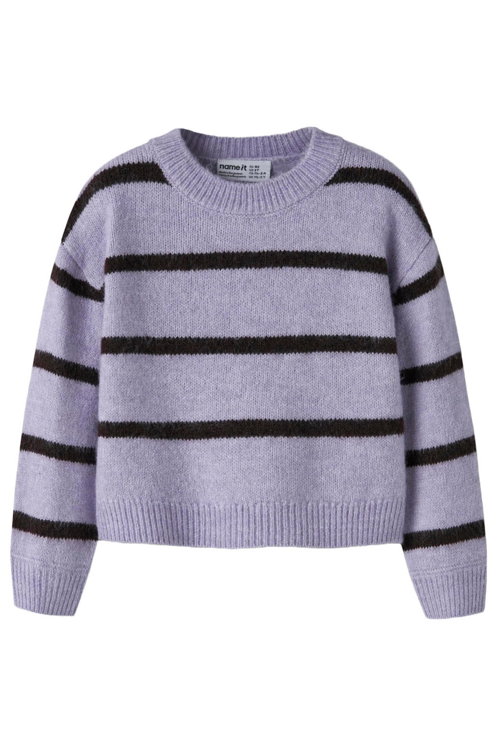 Lila en zwarte meisjes NAME IT MINI rechtvallende gebreide gestreepte trui van polyester met lange mouwen en ronde hals