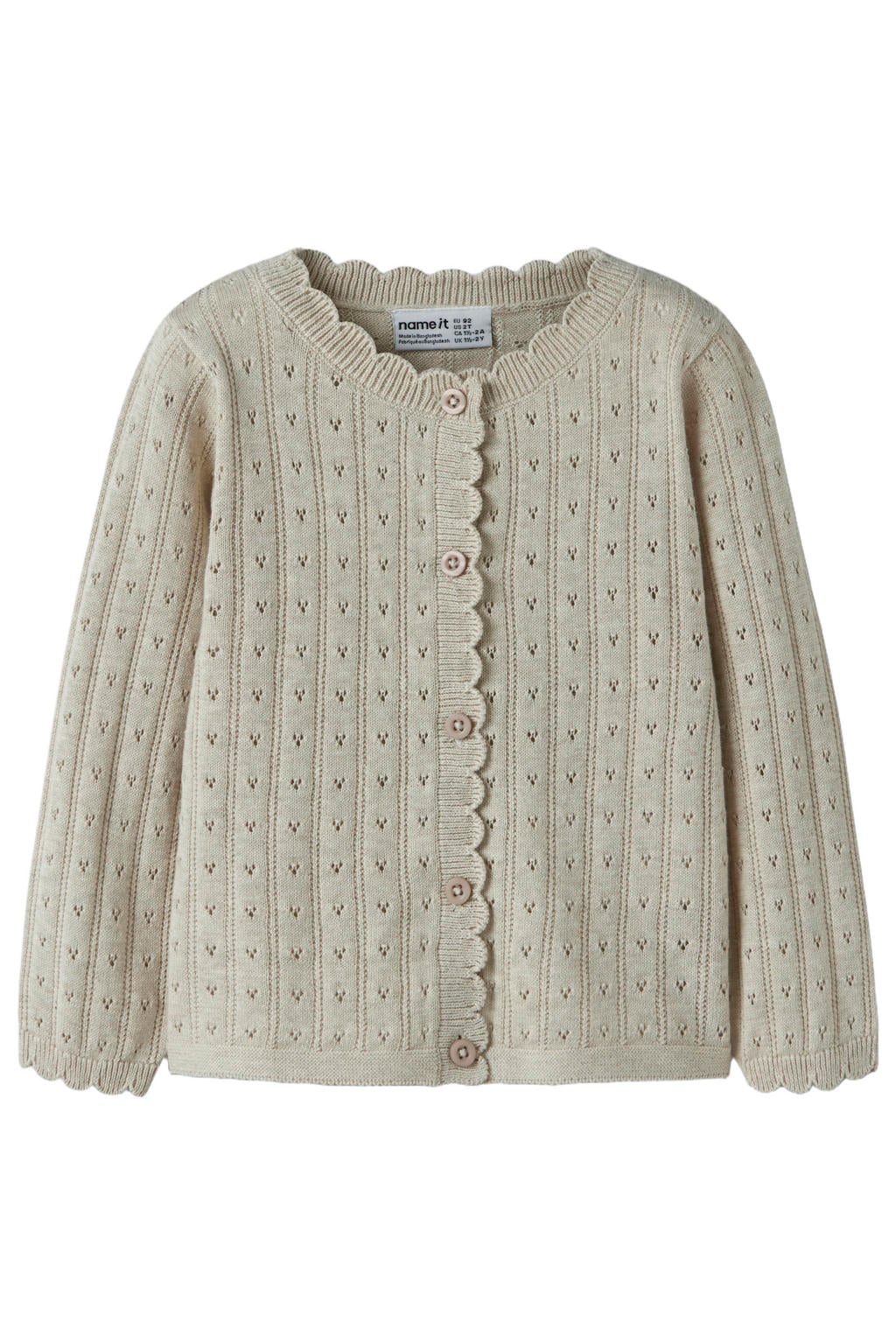 Beige meisjes NAME IT MINI katoenen rechtvallend gebreid vest met lange mouwen, ronde hals en knoopsluiting
