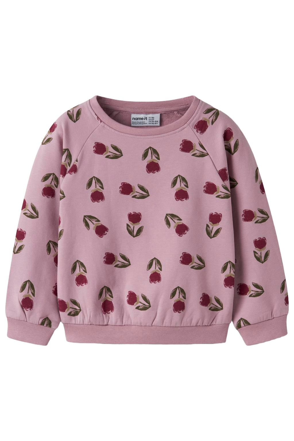 Roze meisjes NAME IT MINI gebloemde sweater van stretchkatoen met lange mouwen, ronde hals en geribde boorden
