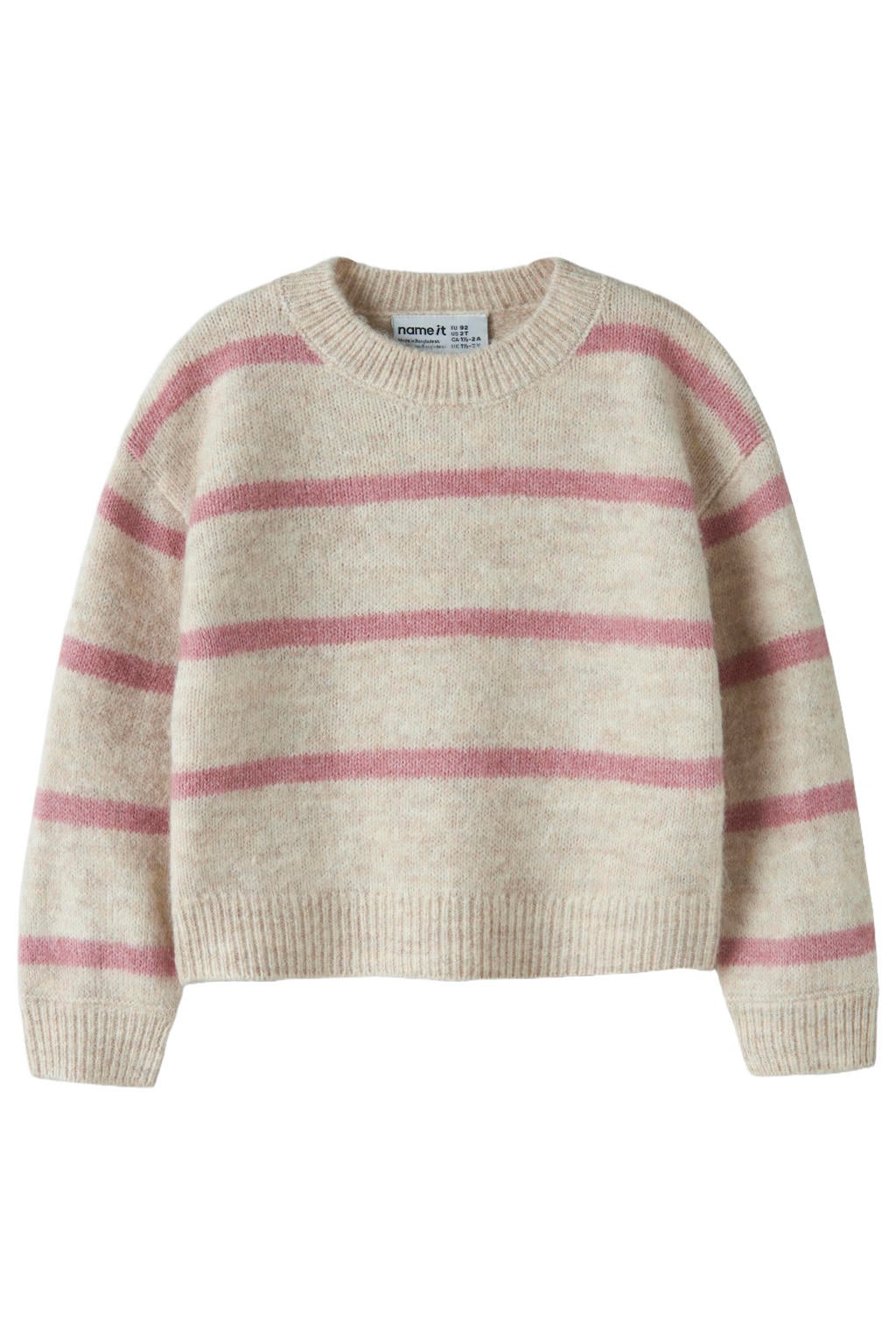 Beige en roze meisjes NAME IT MINI rechtvallende gebreide gestreepte trui van polyester met lange mouwen en ronde hals