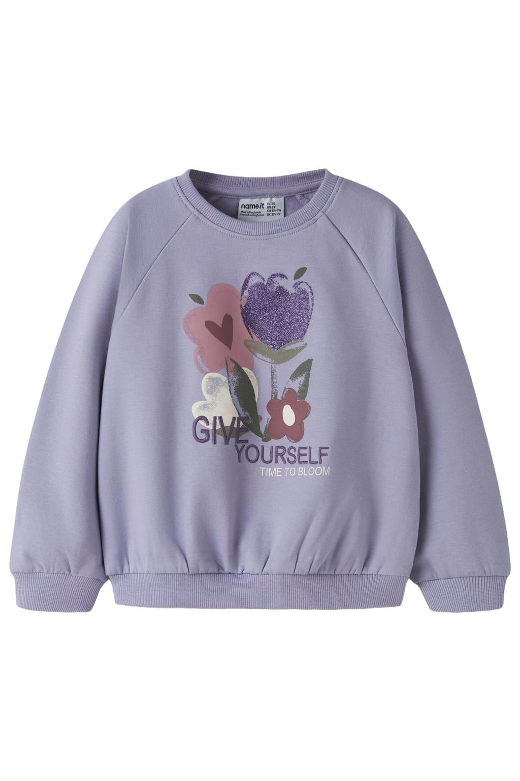 Lilakleurige meisjes NAME IT MINI sweater van stretchkatoen met printopdruk, lange mouwen, ronde hals en geribde boorden