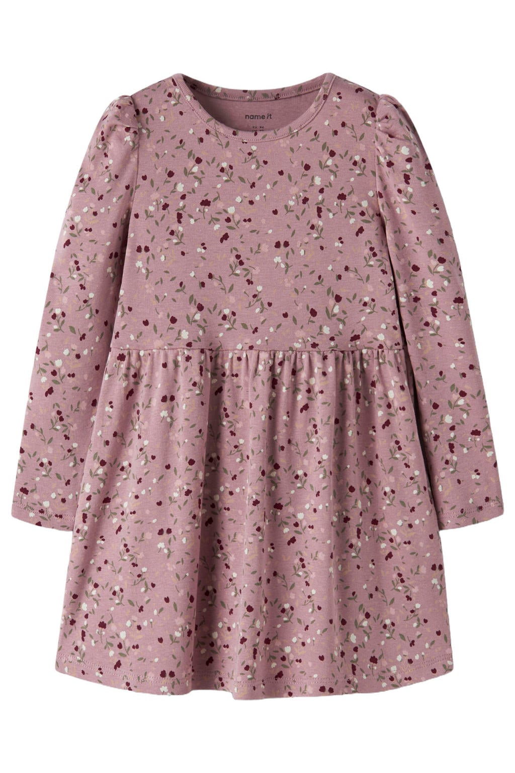 Lilakleurige meisjes NAME IT MINI gebloemde midi jurk van stretchkatoen met lange mouwen, ronde hals en plooien