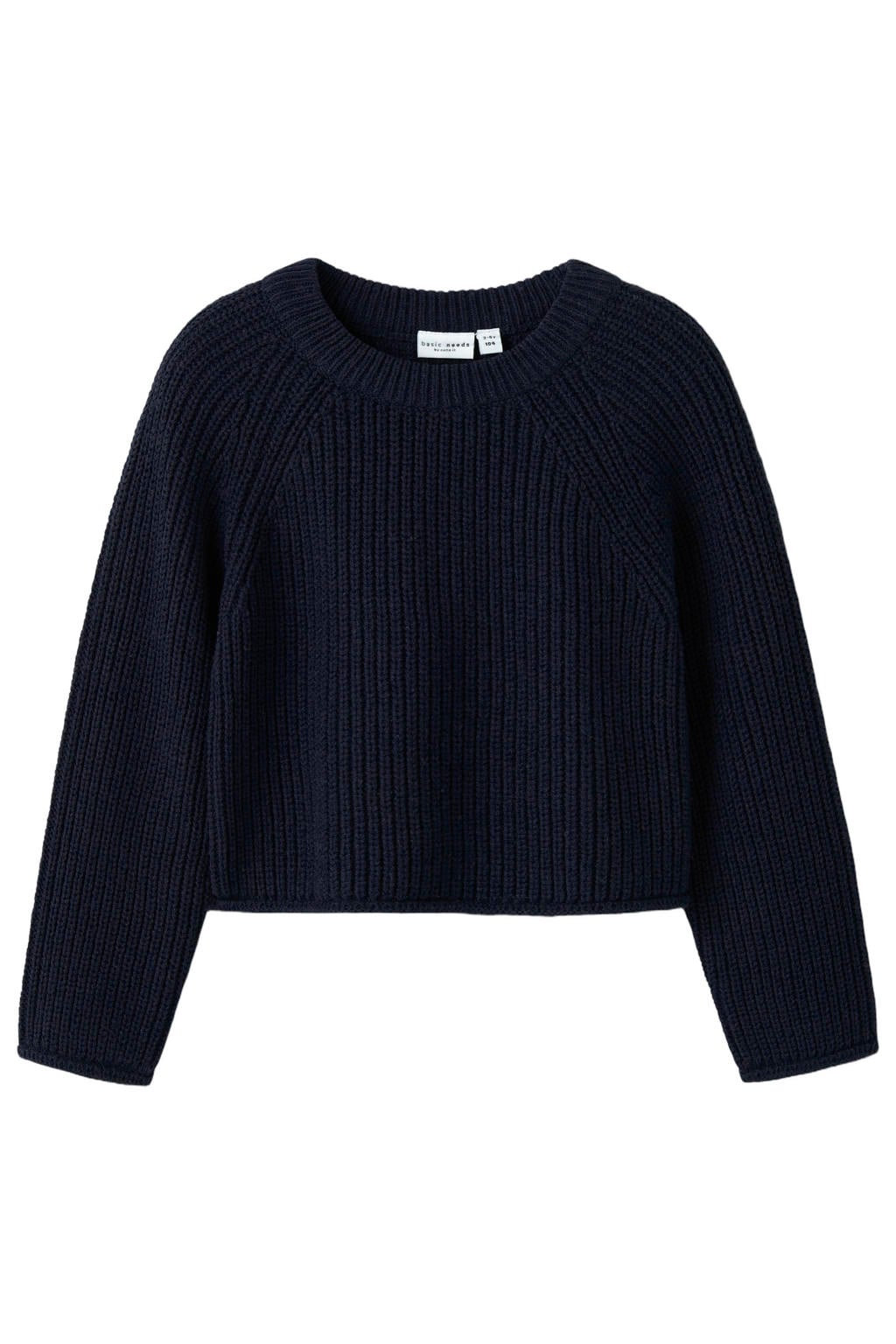 Donkerblauwe meisjes NAME IT MINI oversized gebreide trui van katoen met effen, lange mouwen en ronde hals