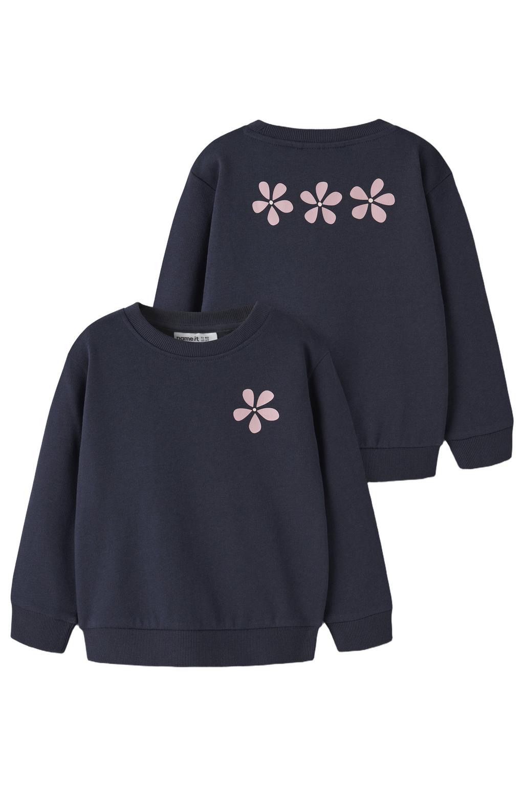 Donkerblauwe meisjes NAME IT MINI sweater met backprint, lange mouwen en ronde hals