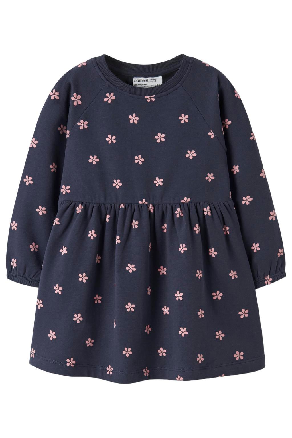 NAME IT MINI gebloemde midi sweatjurk - donkerblauw