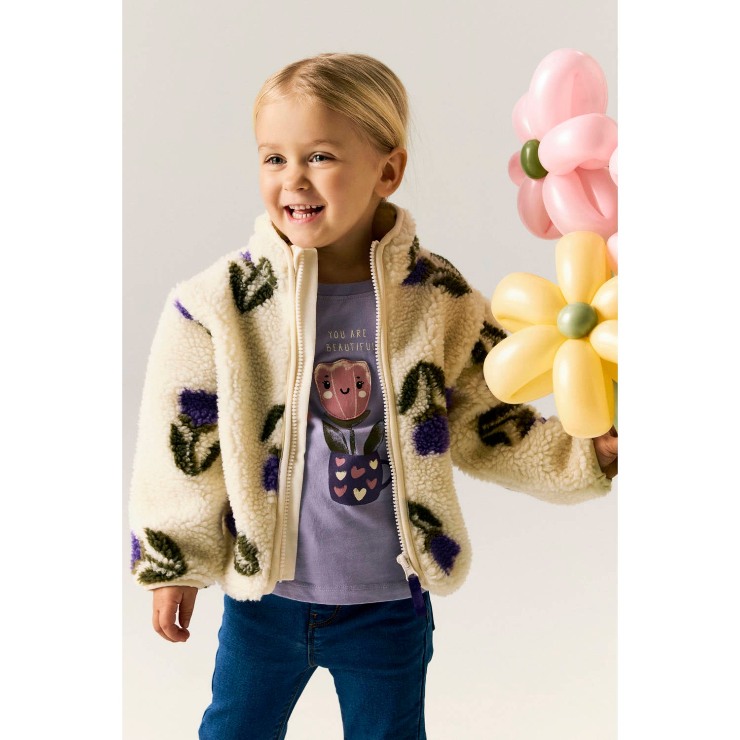 NAME IT MINI gebloemde teddy jas ecru