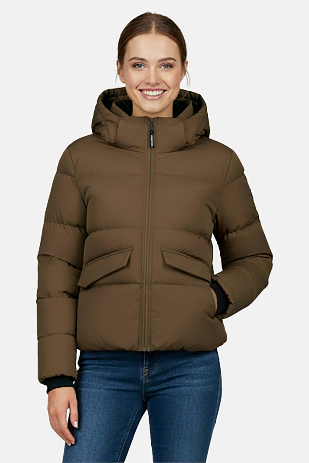 Bruine dames Cars gewatteerde winterjas van nylon met effen, korte mouwen en capuchon