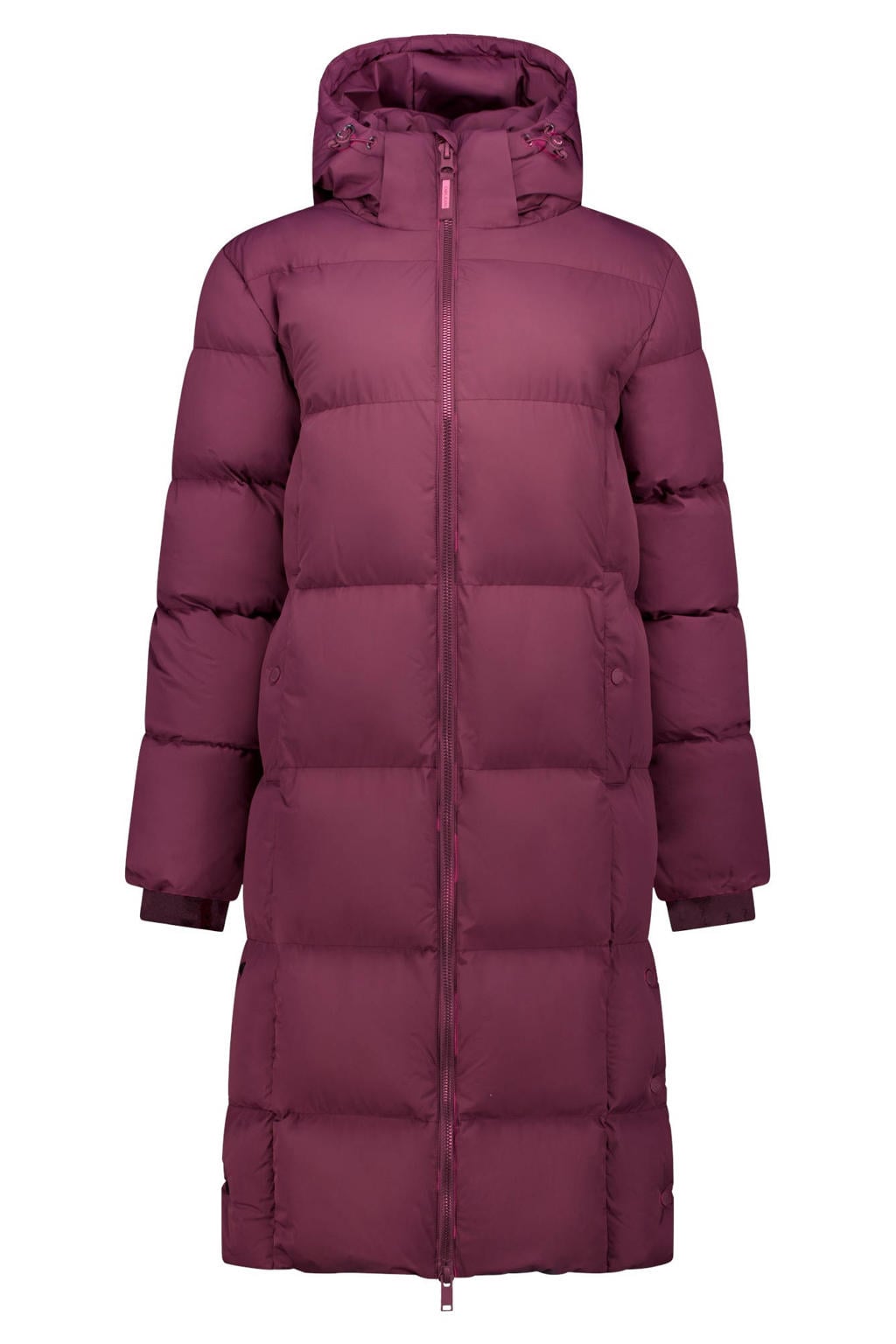 Donkerrode dames Cars gewatteerde winterjas van polyester met effen, lange mouwen en capuchon