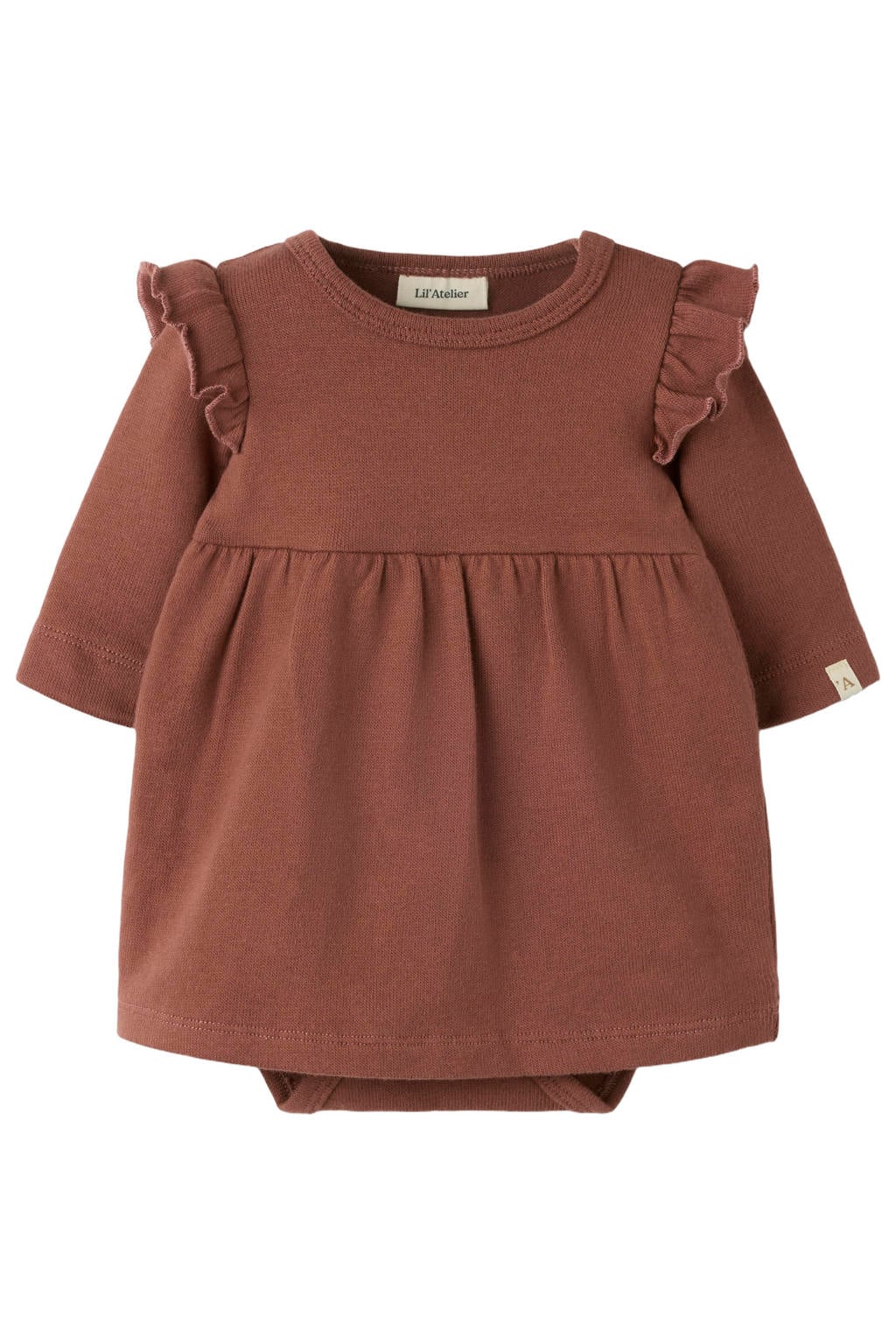 Bruine meisjes LIL' ATELIER BABY korte jurk van stretchkatoen met effen, lange mouwen en ronde hals