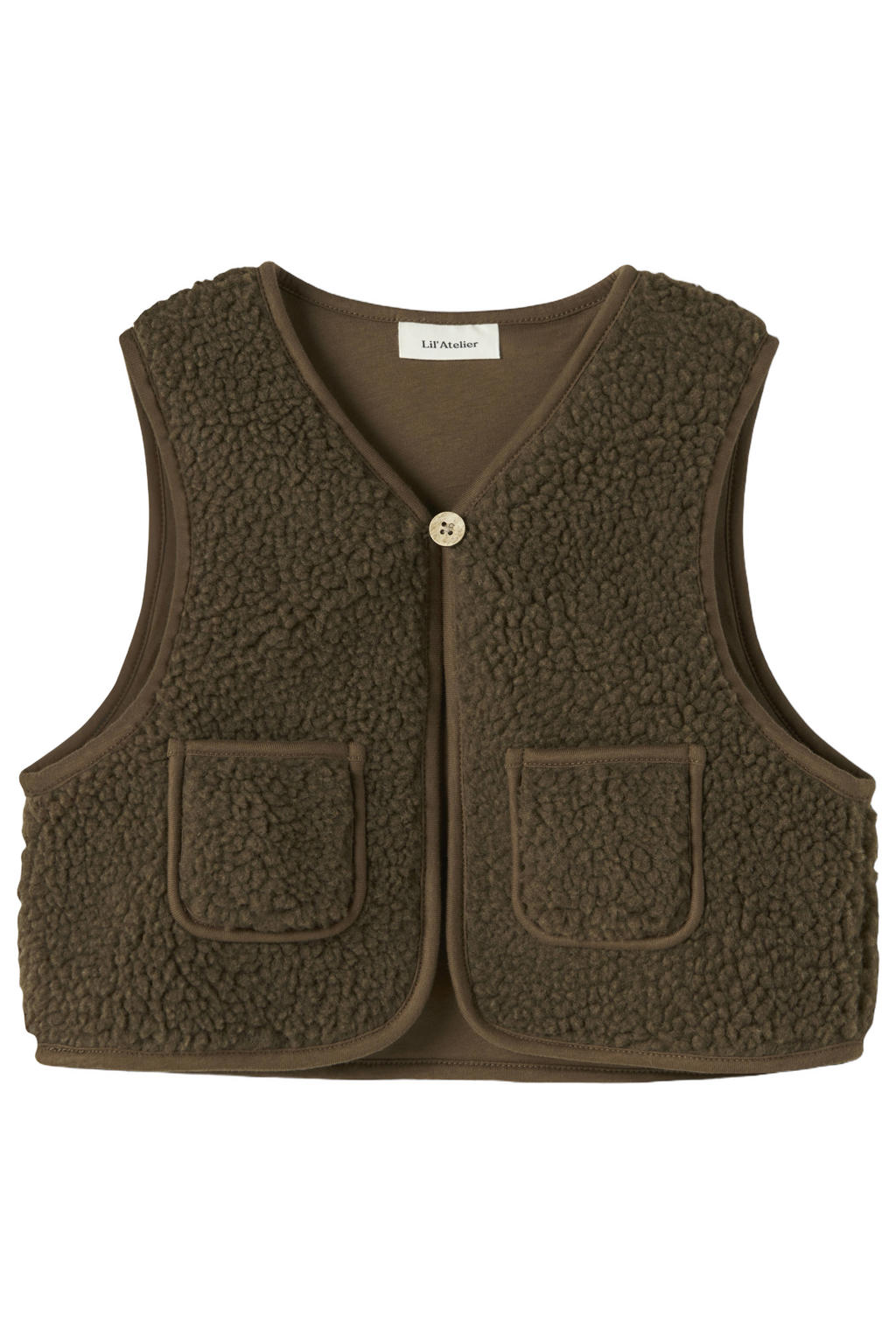 Bruine jongens LIL' ATELIER MINI rechtvallend teddy gilet van polyester met effen, lange mouwen, V-hals en knoopsluiting