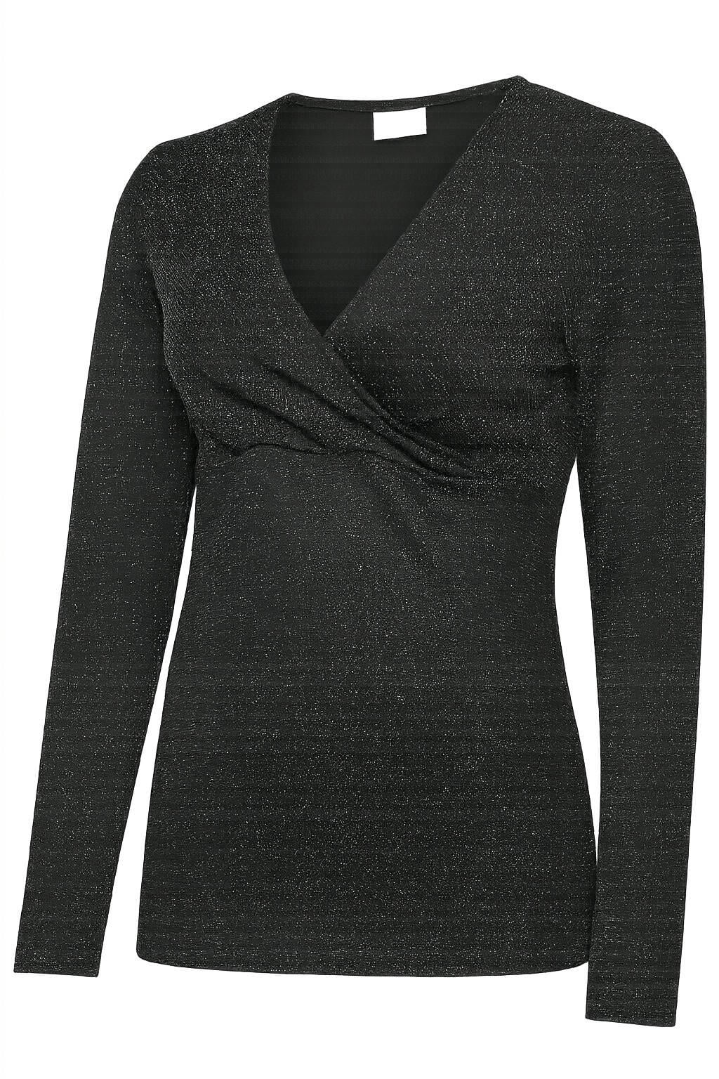 Zwarte dames MAMALICIOUS zwangerschapstop van polyester met effen, lange mouwen, V-hals en glimmend detail